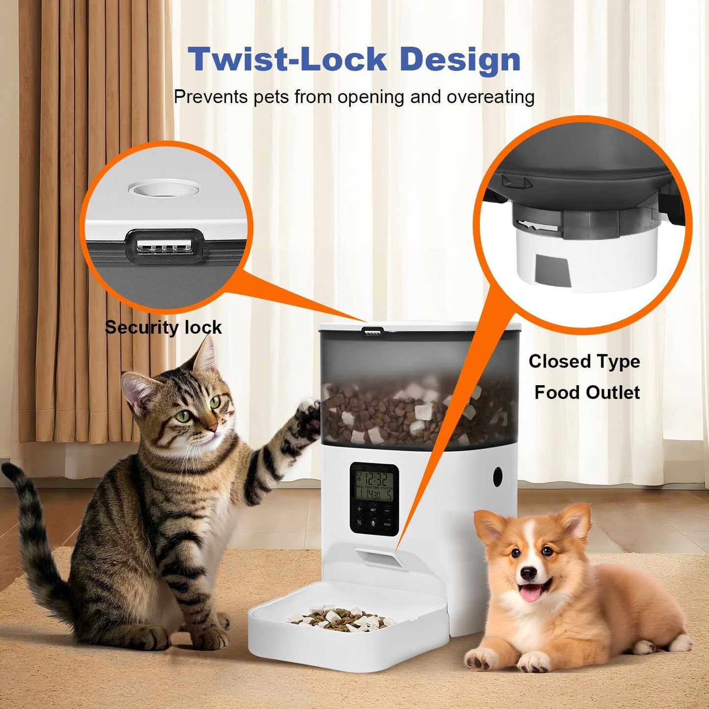 Automatic Cat Feeder, 4L Cat Food Dispenser with 10S Voice Recorder, Pet Feeder up to 8 Meals per Day, Timed Dog Feeder with Dry Food Sealed Ring (White, 4L-Basic)