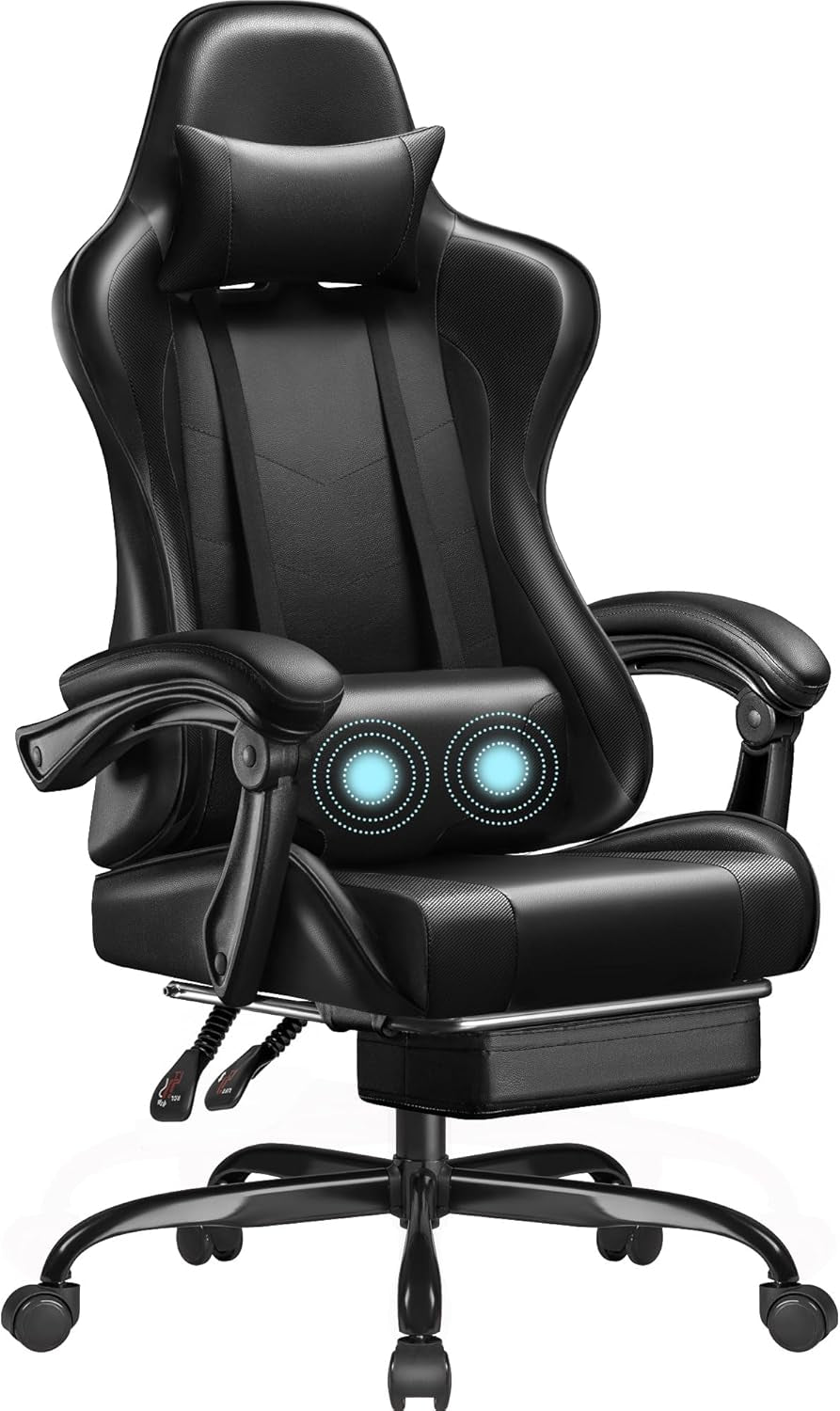Gaming Chair, Video Game Chair with Footrest and Massage Lumbar Support, Ergonomic Computer Chair Height Adjustable with Swivel Seat and Headrest (White)