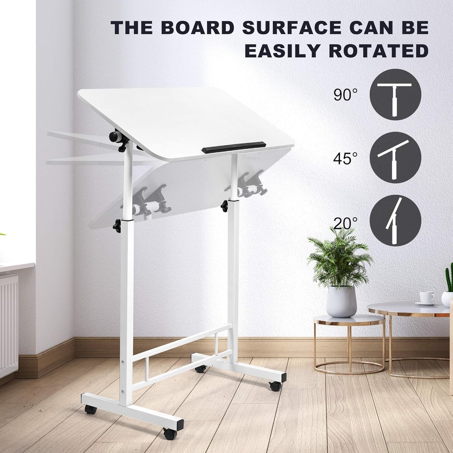 Small Standing Desk Adjustable Height,Rolling Computer Desk,Mobile Standing Desk with Wheels,Portable Stand up Desk,Tall Computer Table,Adjustable Desktop Sit Stand Desk,Size 31.5X15.7 Inch White