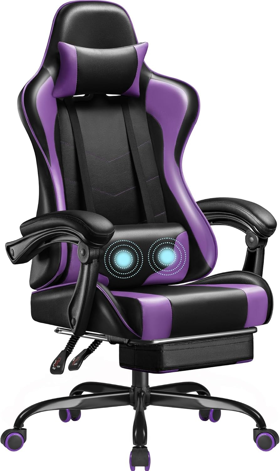 Gaming Chair, Video Game Chair with Footrest and Massage Lumbar Support, Ergonomic Computer Chair Height Adjustable with Swivel Seat and Headrest (White)