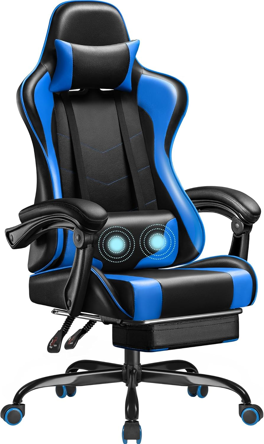 Gaming Chair, Video Game Chair with Footrest and Massage Lumbar Support, Ergonomic Computer Chair Height Adjustable with Swivel Seat and Headrest (White)