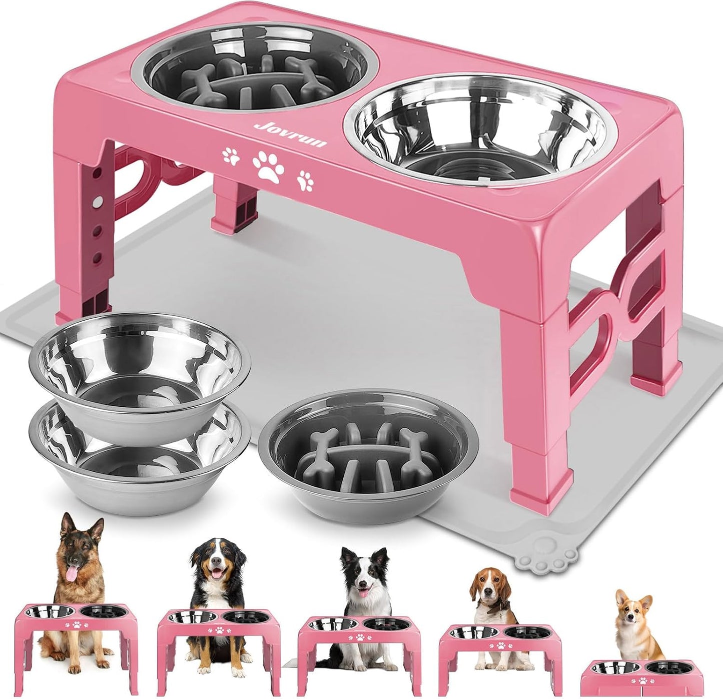 Elevated Dog Bowls, Dog Feeder with 2 Stainless Steel Dishes &1 Slow Feeder Bowl, 5 Heights Adjustable Raised Stand for Medium Large, Food Dishes with Non-Slip Feet