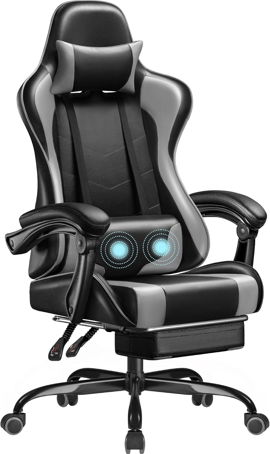 Gaming Chair, Video Game Chair with Footrest and Massage Lumbar Support, Ergonomic Computer Chair Height Adjustable with Swivel Seat and Headrest (White)