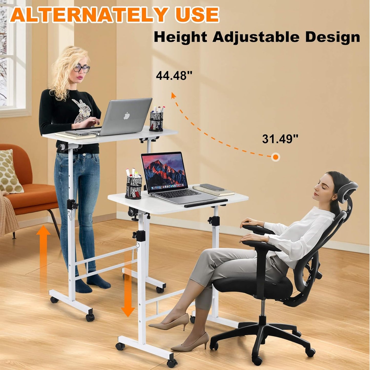 Small Standing Desk Adjustable Height,Rolling Computer Desk,Mobile Standing Desk with Wheels,Portable Stand up Desk,Tall Computer Table,Adjustable Desktop Sit Stand Desk,Size 31.5X15.7 Inch White