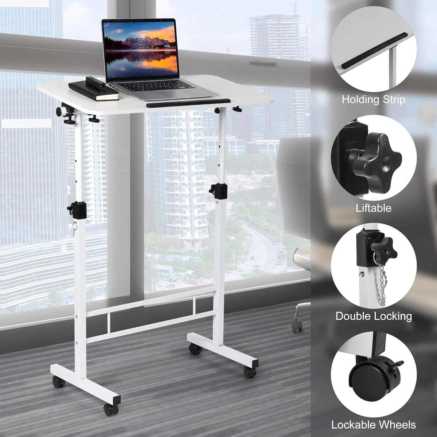 Small Standing Desk Adjustable Height,Rolling Computer Desk,Mobile Standing Desk with Wheels,Portable Stand up Desk,Tall Computer Table,Adjustable Desktop Sit Stand Desk,Size 31.5X15.7 Inch White