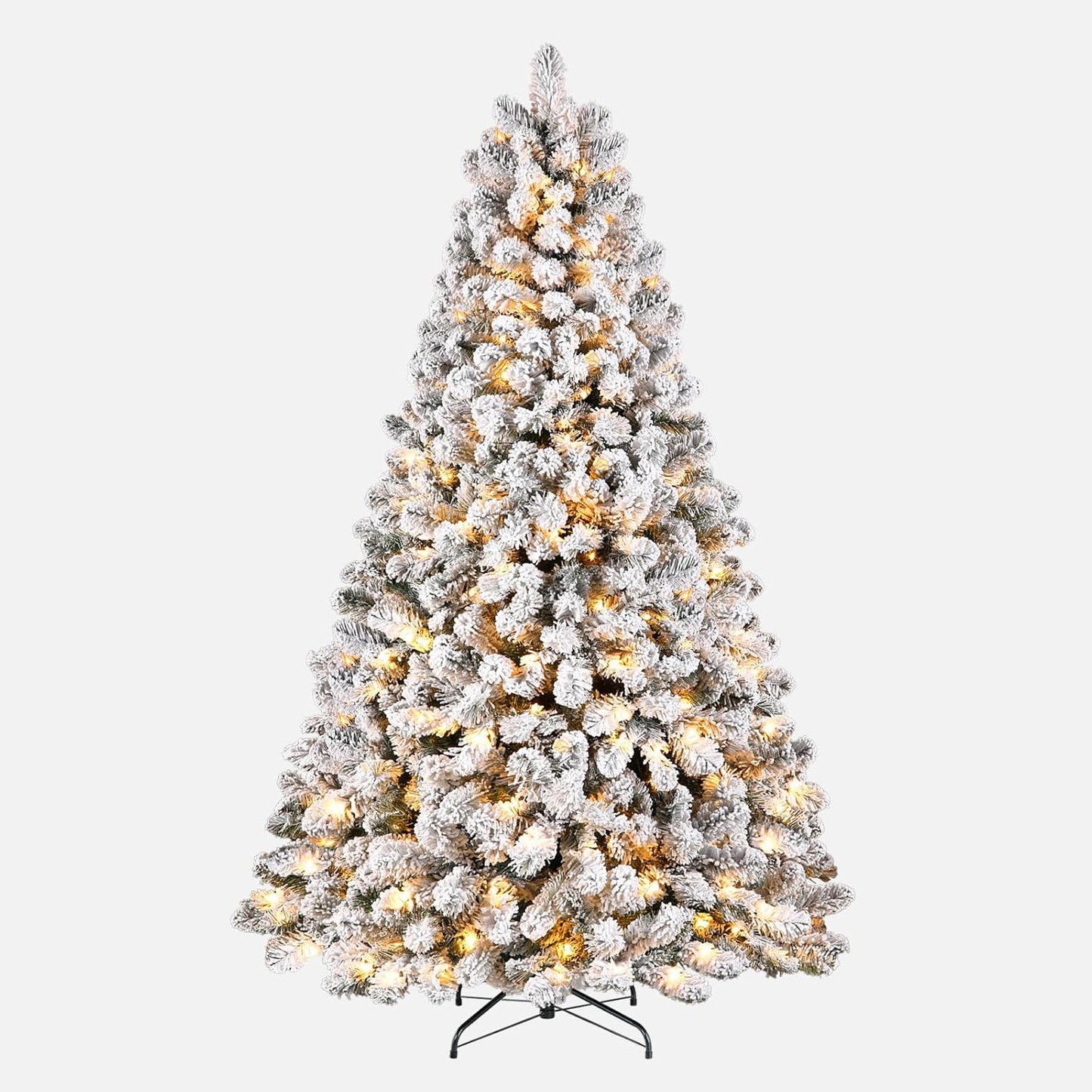 7.5Ft Prelit Snow Flocked Spruce Artificial Christmas Tree with 350 Incandescent Warm White Lights, Foldable Stand, Snow Flocked Full Prelighted Xmas Tree W/1170 Branch Tips, 7.5 FT, White