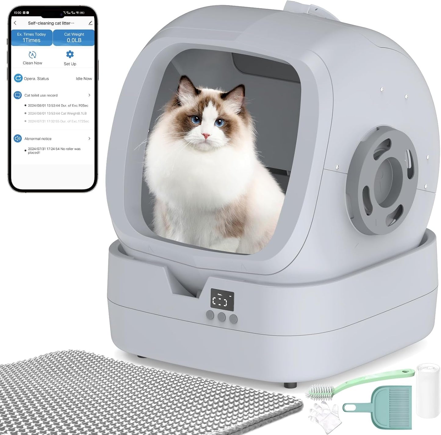 Automatic Cat Litter Box Self Cleaning - APP Control and Weight Monitoring - Ultra-Quiet, Suitable for Medium Cats and Kittens, Safe Anti-Pinch Litter Box (Assembly Required) -White