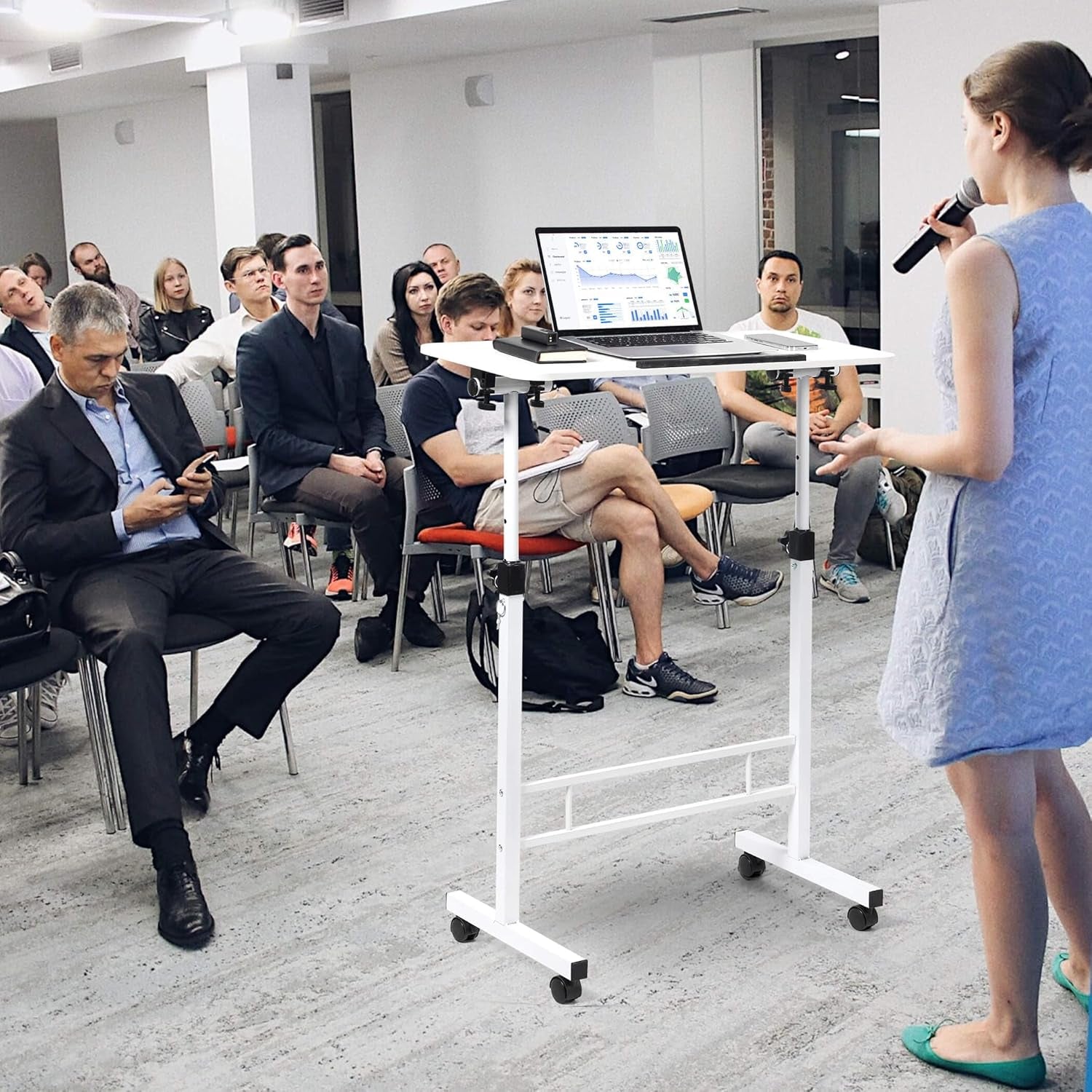 Small Standing Desk Adjustable Height,Rolling Computer Desk,Mobile Standing Desk with Wheels,Portable Stand up Desk,Tall Computer Table,Adjustable Desktop Sit Stand Desk,Size 31.5X15.7 Inch White