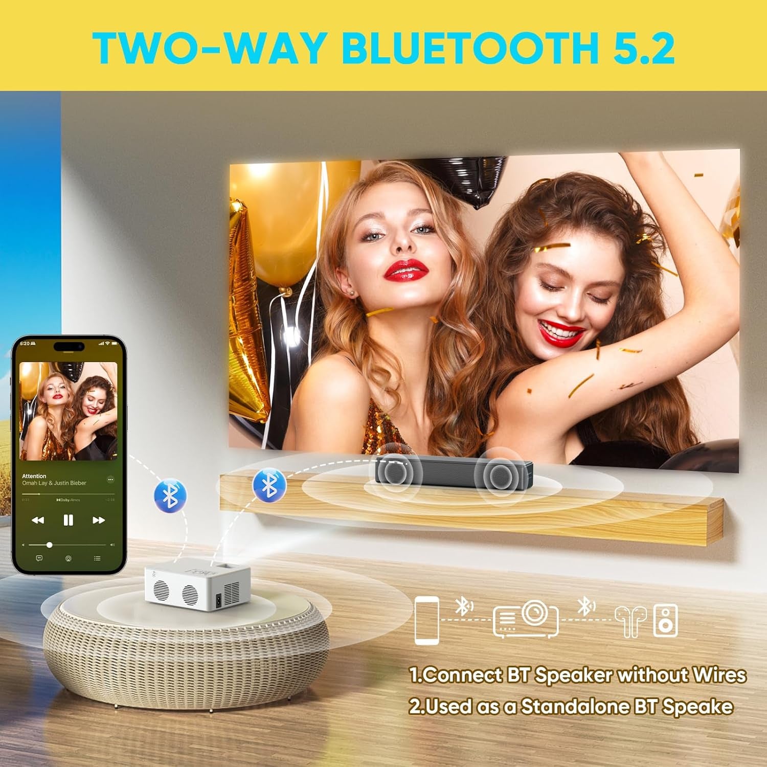 Mini Bluetooth Projector, Full HD 1080P Supported Portable Outdoor Movie Projector for Ios, Android, Windows, Compatible with TV Stick/Hdmi/Smartphone/Ps4/Usb [Remote Included]