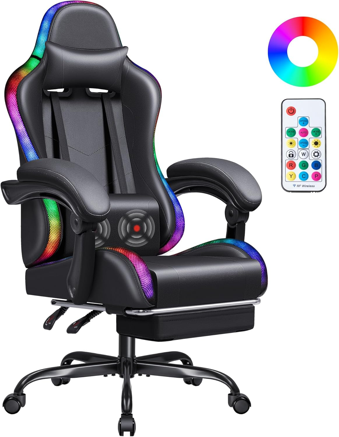 Gaming Chair, Video Game Chair with Footrest and Massage Lumbar Support, Ergonomic Computer Chair Height Adjustable with Swivel Seat and Headrest (White)