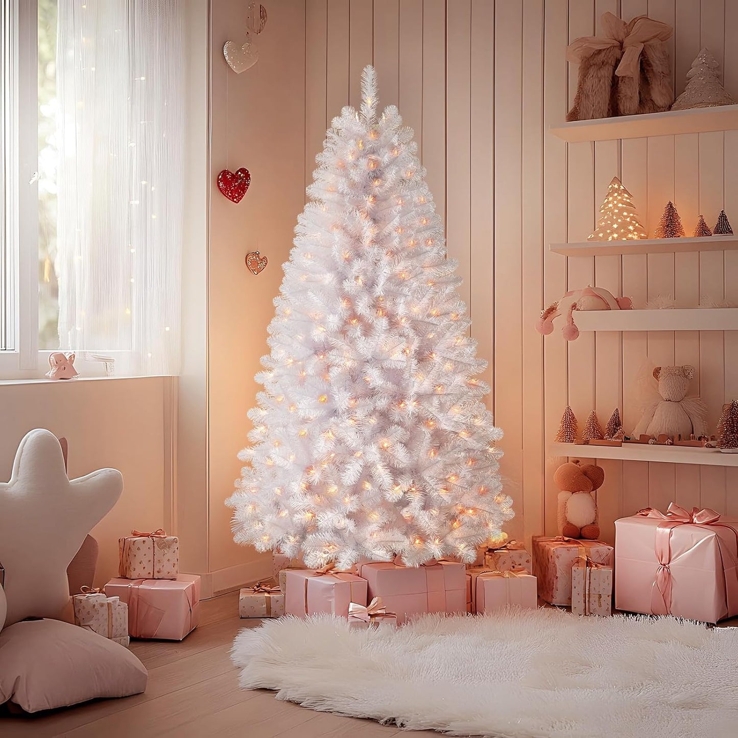 7.5Ft Prelit Premium Artificial Classic Spruce Christmas Tree with Pre-Lit 350 Warm White Lights, 1170 Branch Tips and Foldable Stand, Perfect Choice for Xmas Decoration, 7.5 Ft, Green