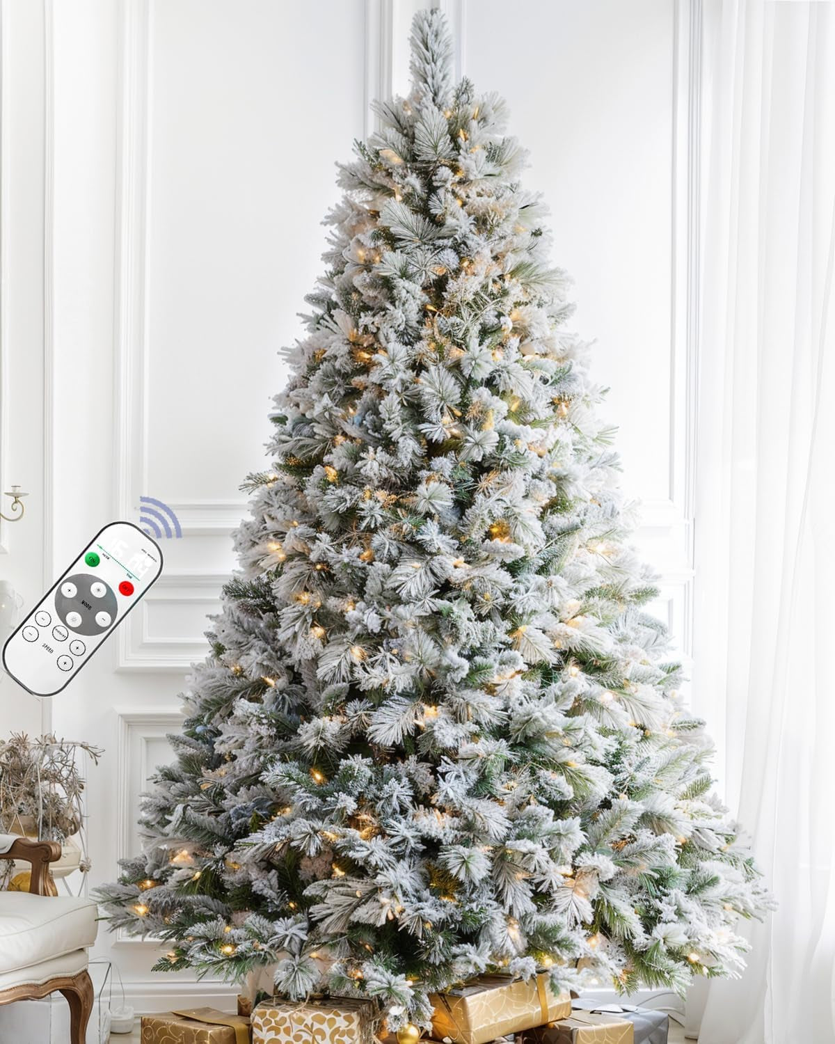 6 FT Pre-Lit Snow Flocked Christmas Tree, Artificial Christmas Tree with 250 Warm White & Color LED Changing Lights, 600 PVC Branch Tips, Easy Assembly/Metal Stand/Hinged/8 Color Modes