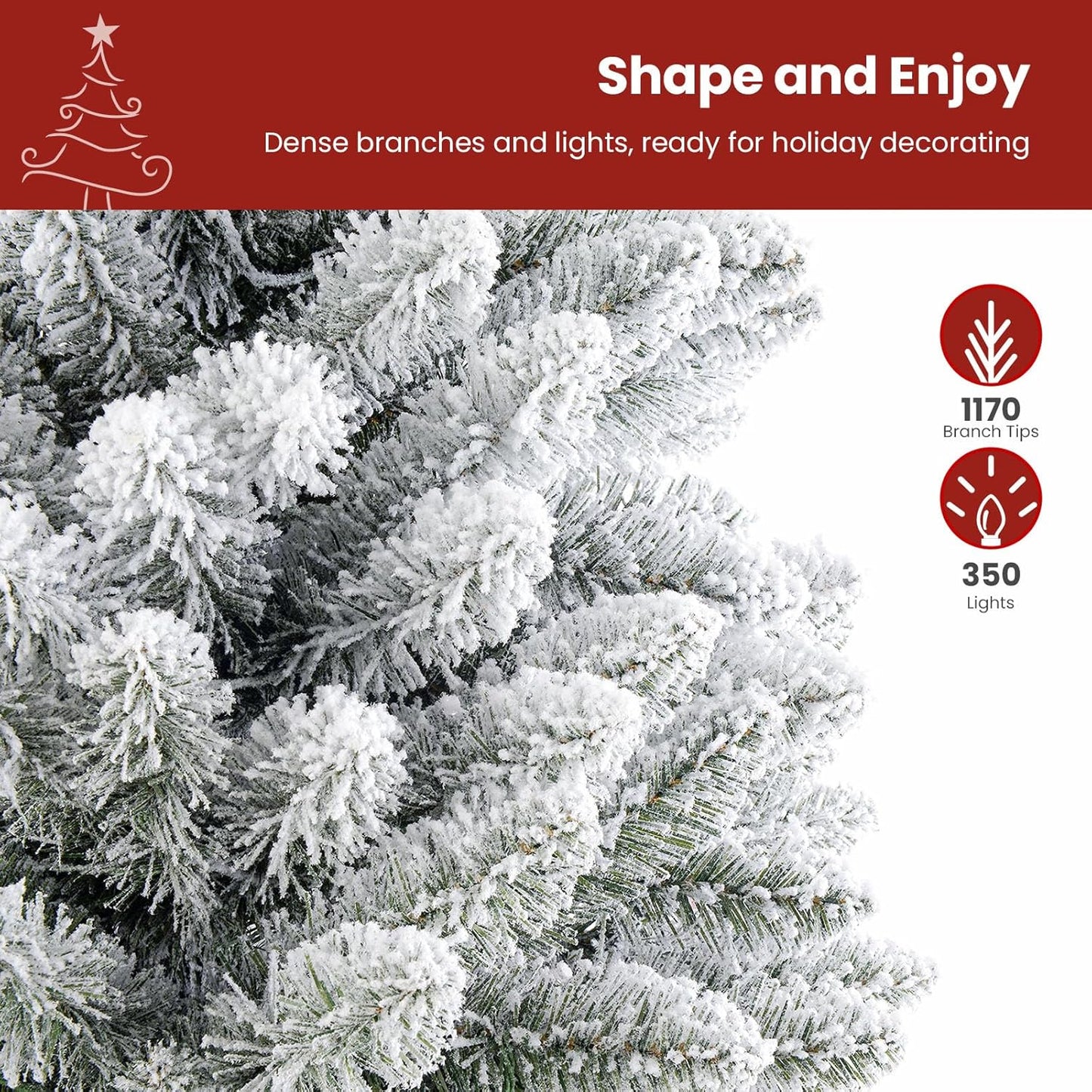 7.5Ft Prelit Snow Flocked Spruce Artificial Christmas Tree with 350 Incandescent Warm White Lights, Foldable Stand, Snow Flocked Full Prelighted Xmas Tree W/1170 Branch Tips, 7.5 FT, White