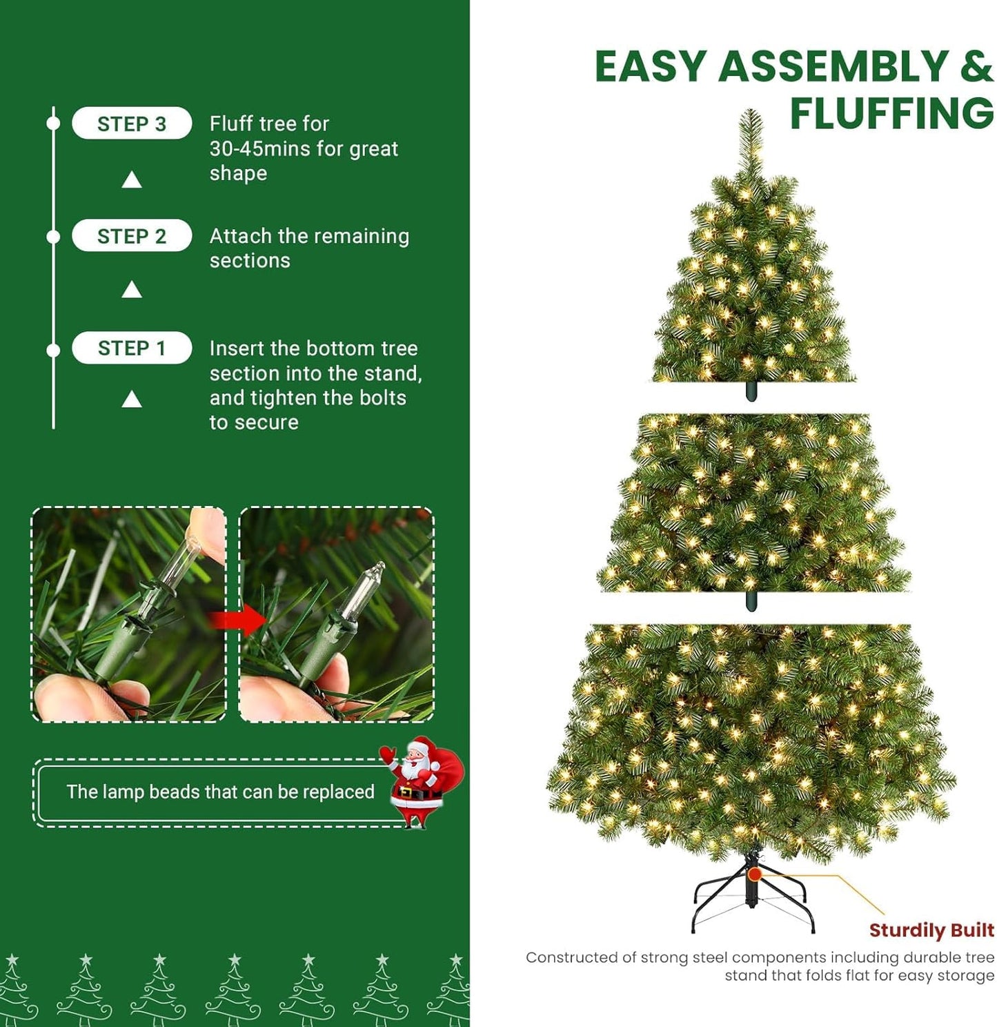 7.5Ft Prelit Premium Artificial Classic Spruce Christmas Tree with Pre-Lit 350 Warm White Lights, 1170 Branch Tips and Foldable Stand, Perfect Choice for Xmas Decoration, 7.5 Ft, Green
