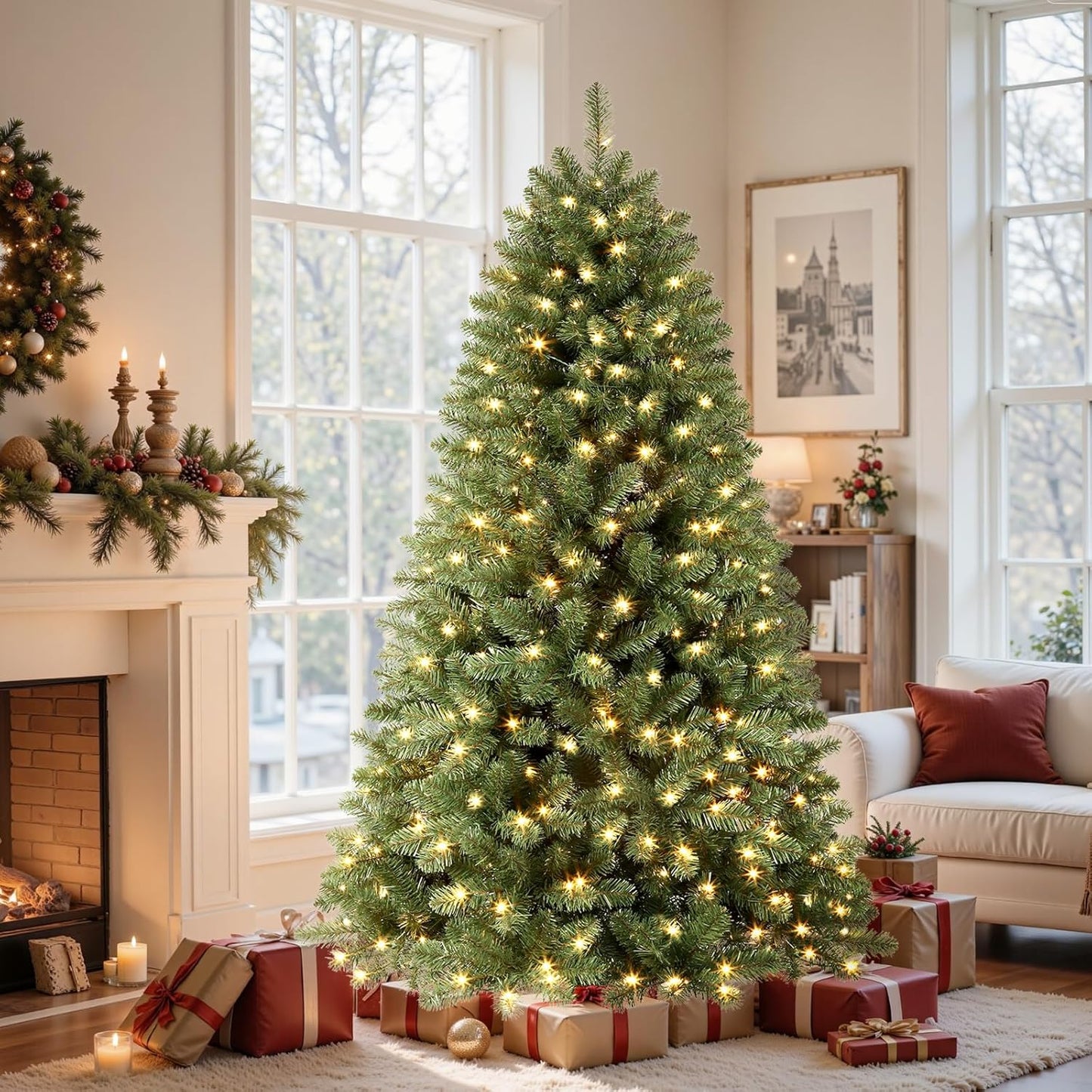 7.5Ft Prelit Premium Artificial Classic Spruce Christmas Tree with Pre-Lit 350 Warm White Lights, 1170 Branch Tips and Foldable Stand, Perfect Choice for Xmas Decoration, 7.5 Ft, Green