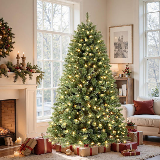 7.5Ft Prelit Premium Artificial Classic Spruce Christmas Tree with Pre-Lit 350 Warm White Lights, 1170 Branch Tips and Foldable Stand, Perfect Choice for Xmas Decoration, 7.5 Ft, Green