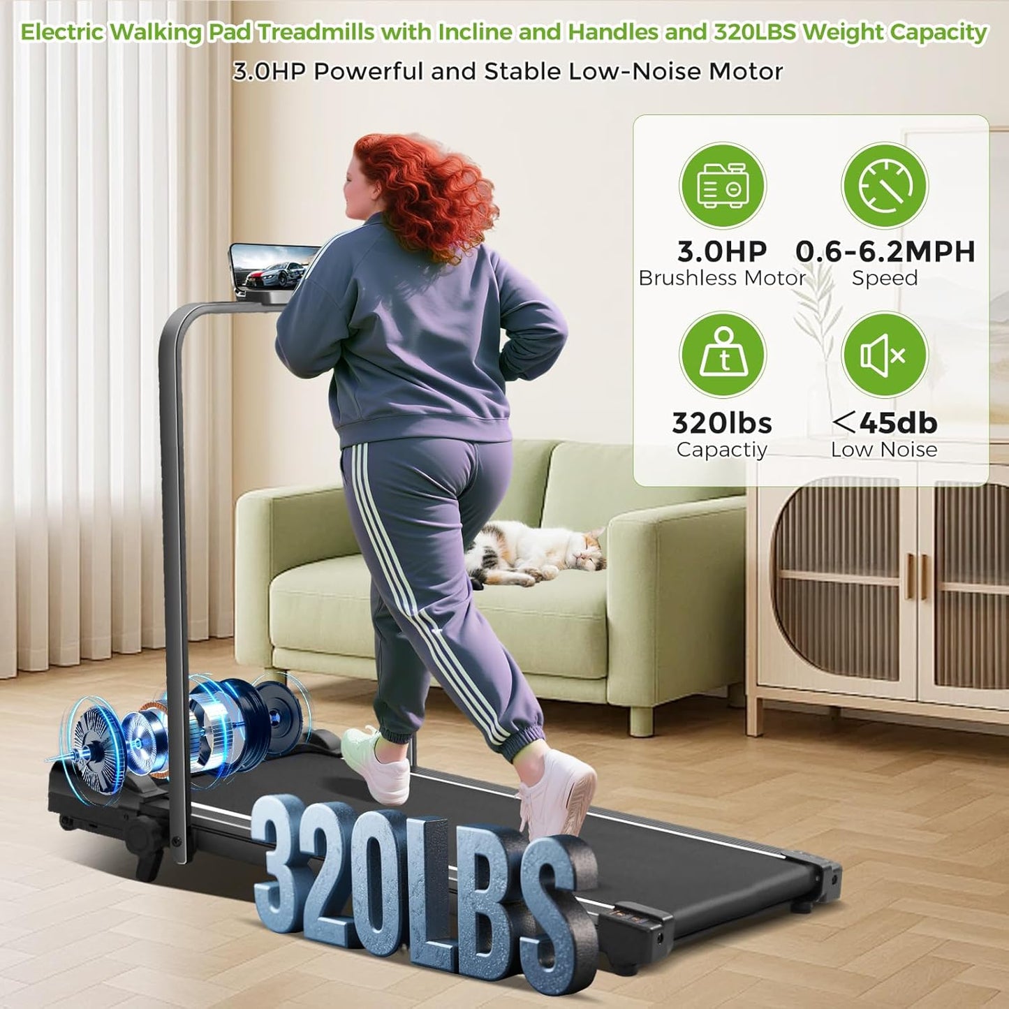 Walking Pad with Incline and Handle Bar, 3.0HP Portable Electric Compact Walking Pads Treadmills with Handles for Home Small Spaces, Small Treadmill with Incline, 320 Lbs Capacity, 0.6-6.2MPH
