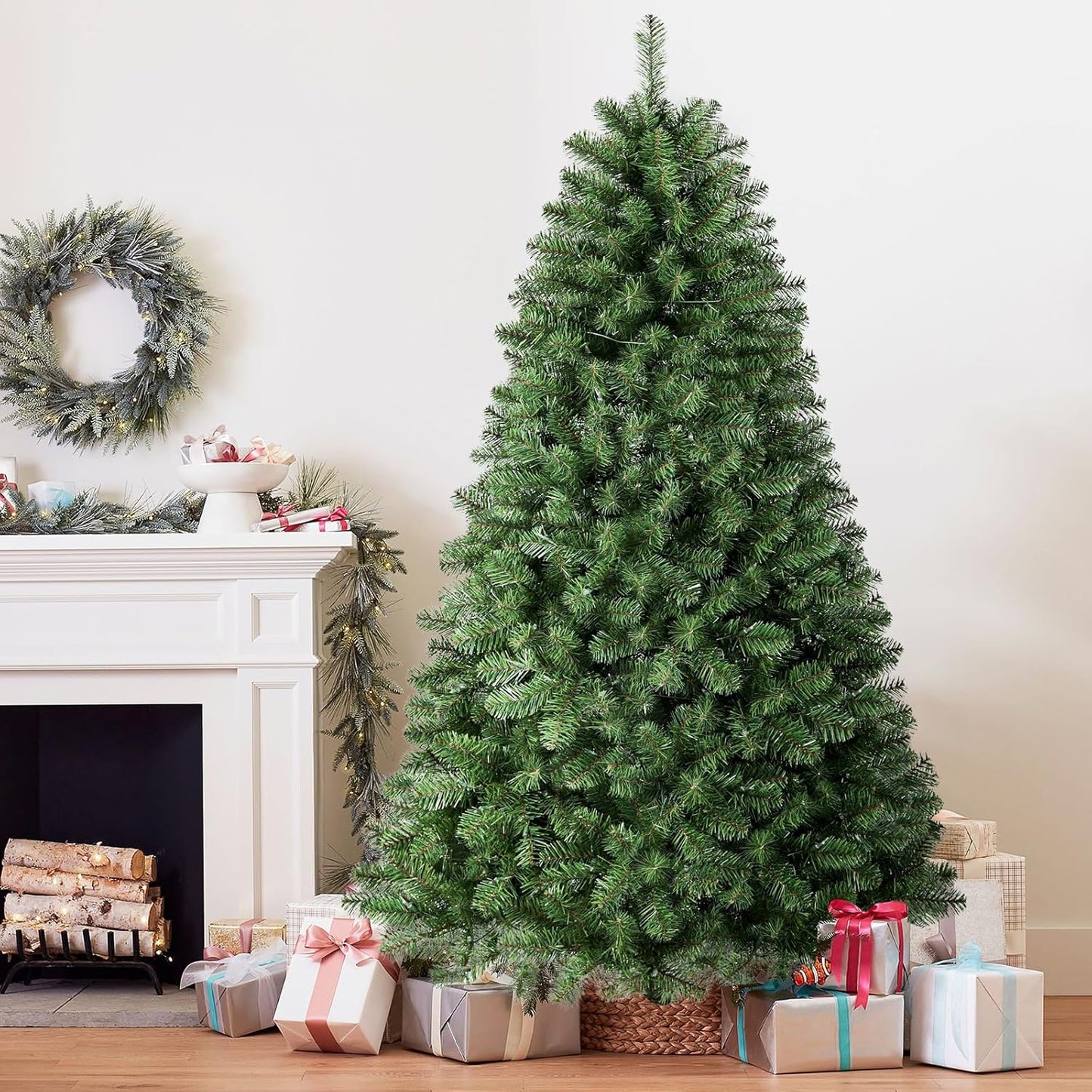 7.5Ft Prelit Premium Artificial Classic Spruce Christmas Tree with Pre-Lit 350 Warm White Lights, 1170 Branch Tips and Foldable Stand, Perfect Choice for Xmas Decoration, 7.5 Ft, Green
