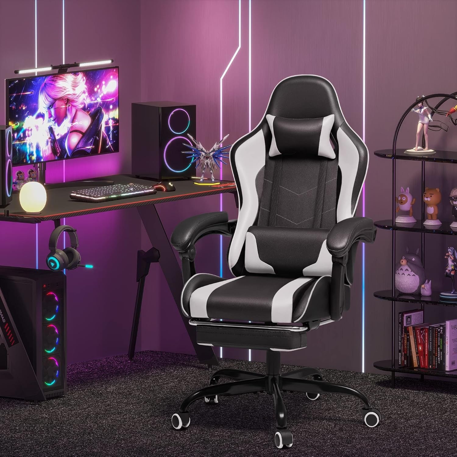 Gaming Chair, Video Game Chair with Footrest and Massage Lumbar Support, Ergonomic Computer Chair Height Adjustable with Swivel Seat and Headrest (White)