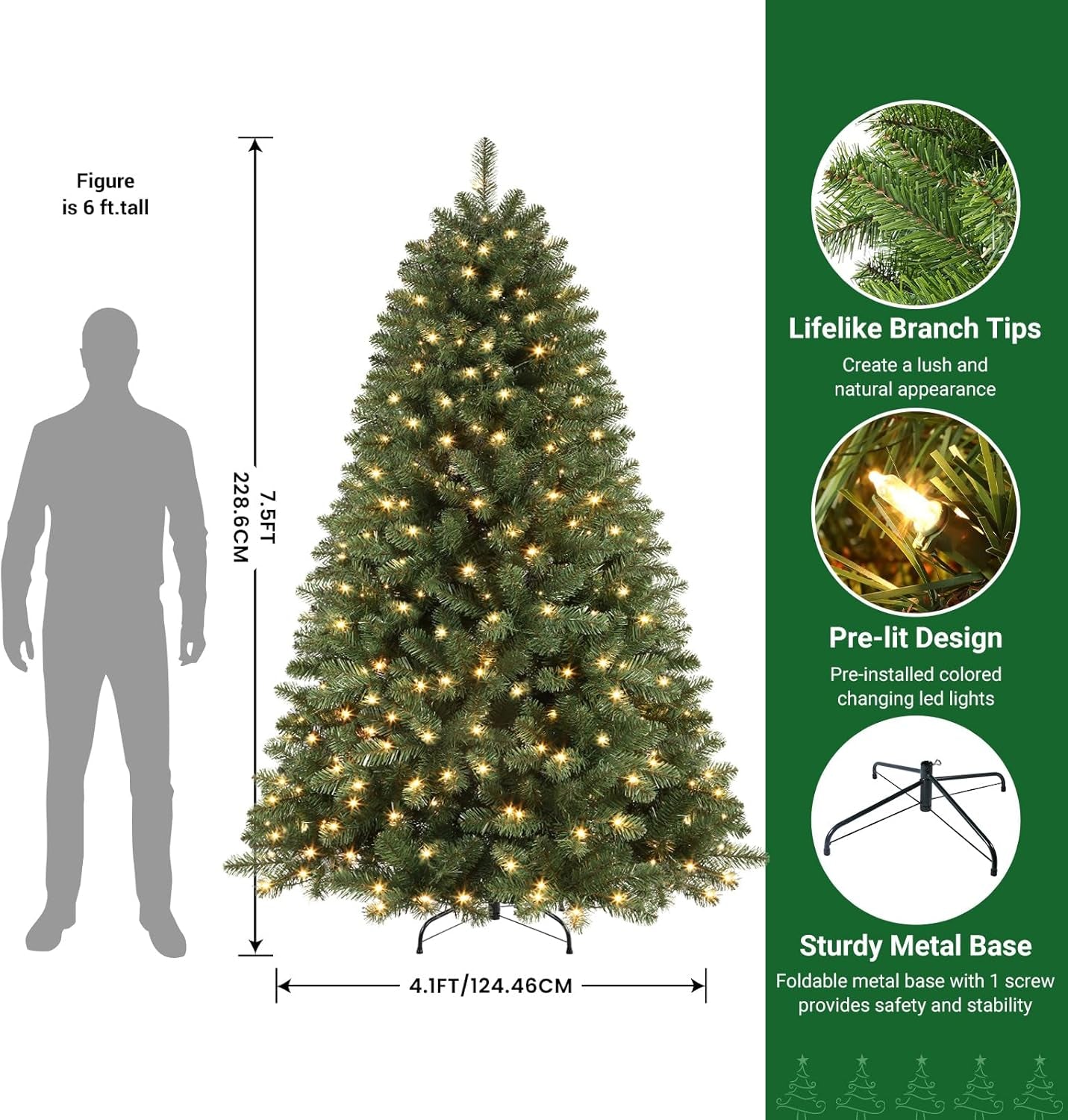 7.5Ft Prelit Premium Artificial Classic Spruce Christmas Tree with Pre-Lit 350 Warm White Lights, 1170 Branch Tips and Foldable Stand, Perfect Choice for Xmas Decoration, 7.5 Ft, Green