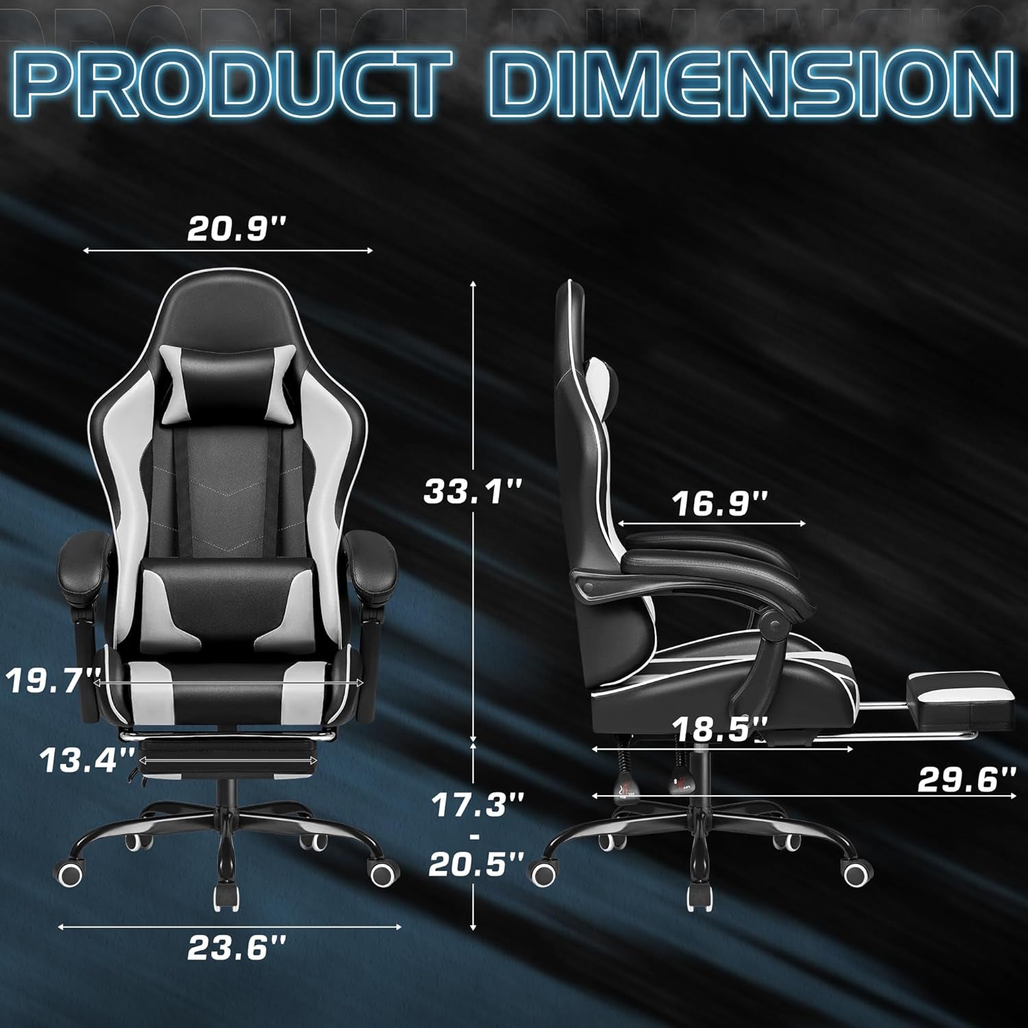 Gaming Chair, Video Game Chair with Footrest and Massage Lumbar Support, Ergonomic Computer Chair Height Adjustable with Swivel Seat and Headrest (White)