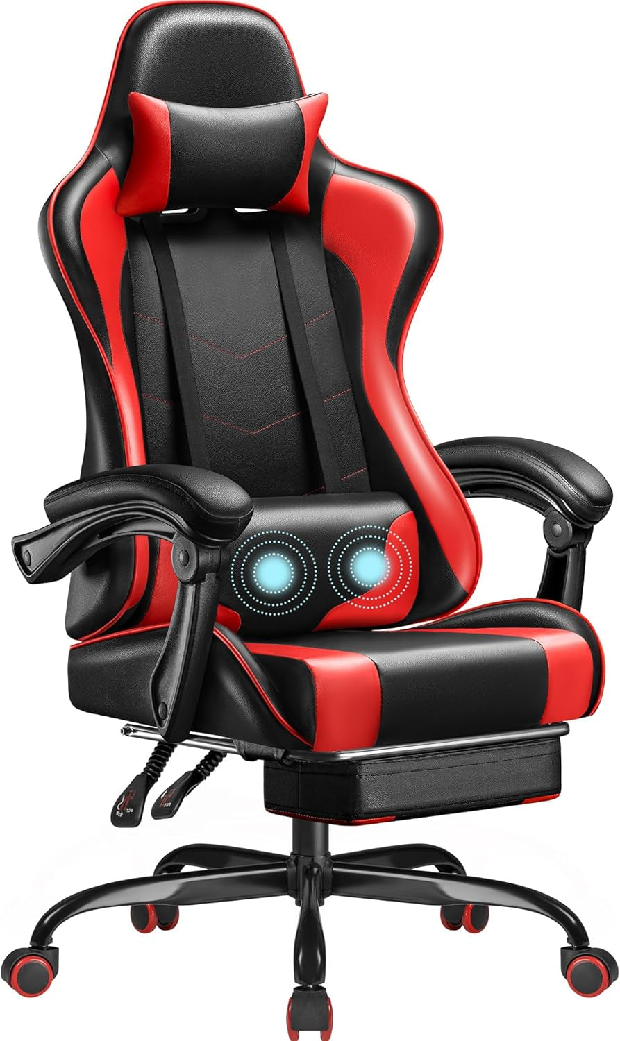 Gaming Chair, Video Game Chair with Footrest and Massage Lumbar Support, Ergonomic Computer Chair Height Adjustable with Swivel Seat and Headrest (White)