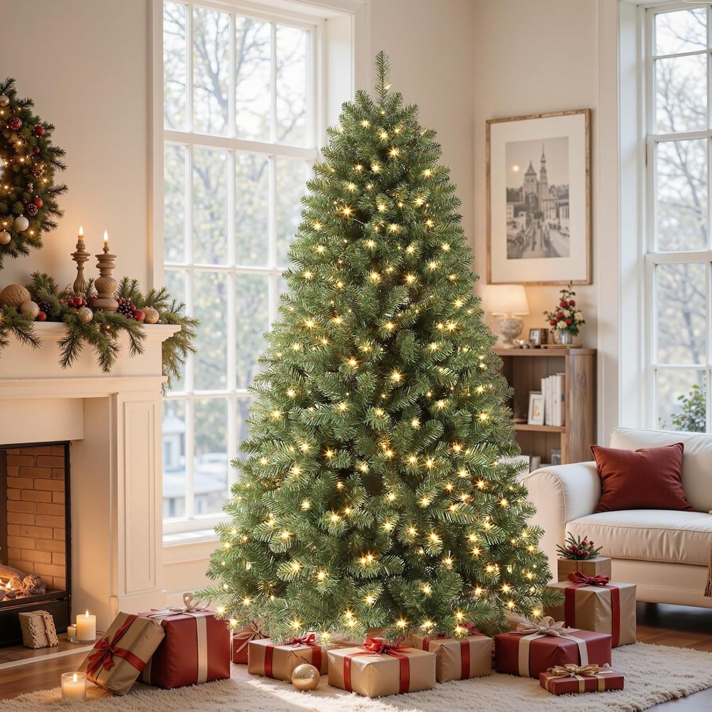 7.5Ft Prelit Premium Artificial Classic Spruce Christmas Tree with Pre-Lit 350 Warm White Lights, 1170 Branch Tips and Foldable Stand, Perfect Choice for Xmas Decoration, 7.5 Ft, Green