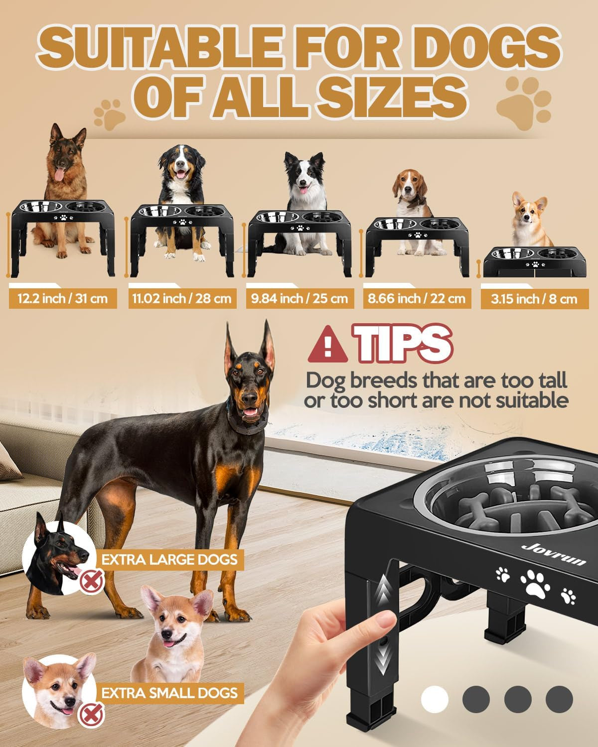 Elevated Dog Bowls, Dog Feeder with 2 Stainless Steel Dishes &1 Slow Feeder Bowl, 5 Heights Adjustable Raised Stand for Medium Large, Food Dishes with Non-Slip Feet