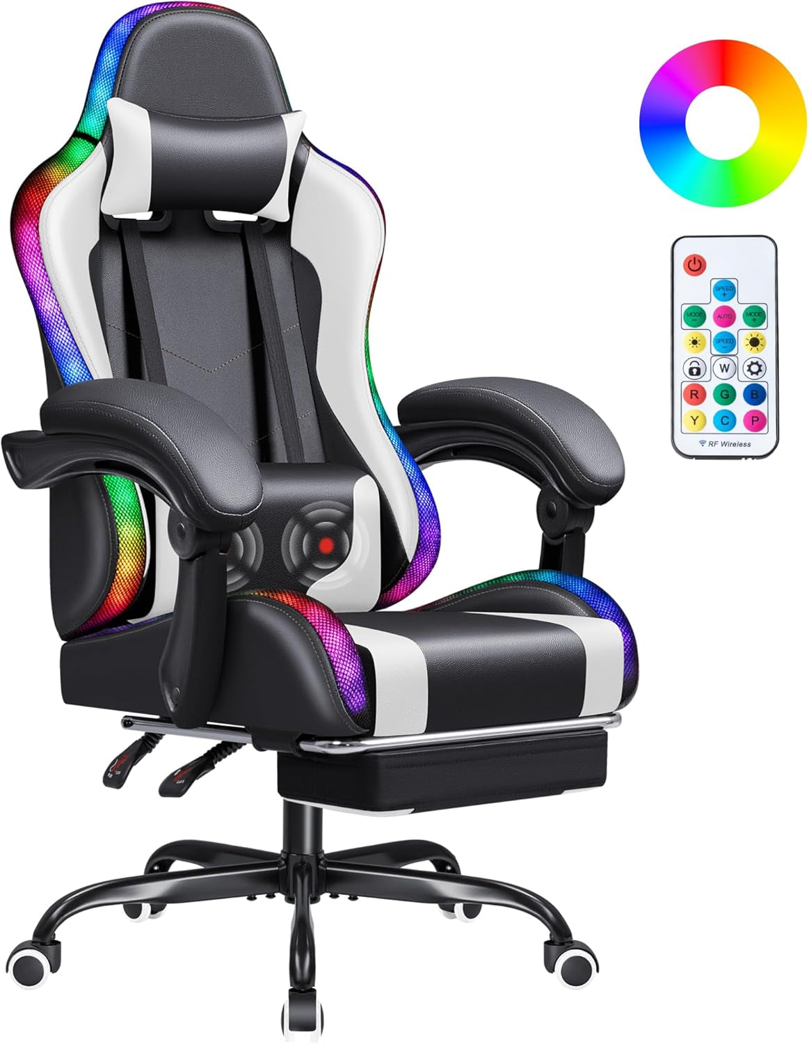 Gaming Chair, Video Game Chair with Footrest and Massage Lumbar Support, Ergonomic Computer Chair Height Adjustable with Swivel Seat and Headrest (White)