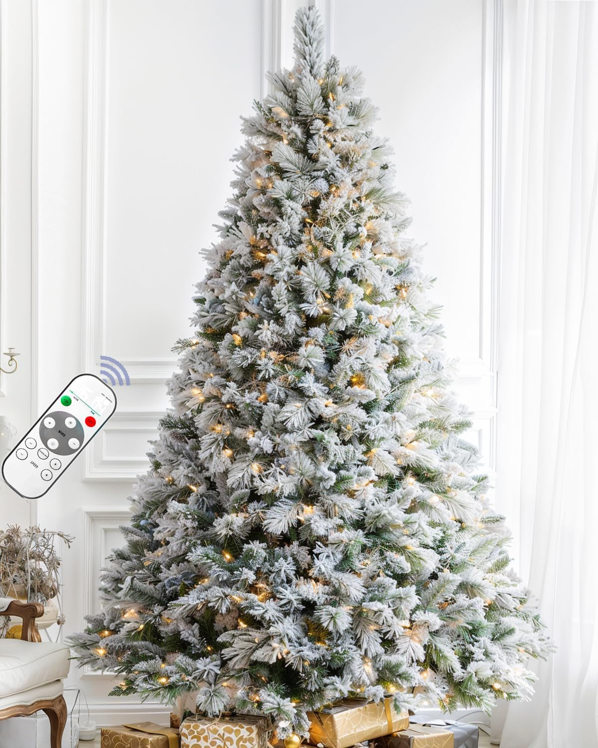 6 FT Pre-Lit Snow Flocked Christmas Tree, Artificial Christmas Tree with 250 Warm White & Color LED Changing Lights, 600 PVC Branch Tips, Easy Assembly/Metal Stand/Hinged/8 Color Modes