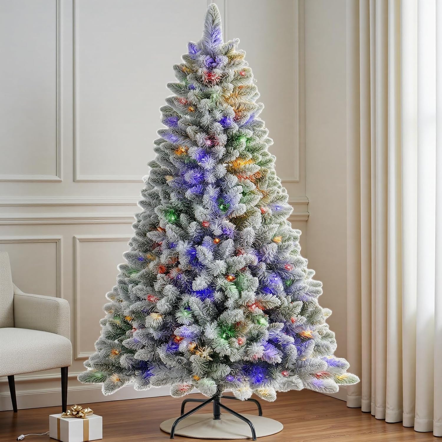 6 FT Pre-Lit Snow Flocked Christmas Tree, Artificial Christmas Tree with 250 Warm White & Color LED Changing Lights, 600 PVC Branch Tips, Easy Assembly/Metal Stand/Hinged/8 Color Modes