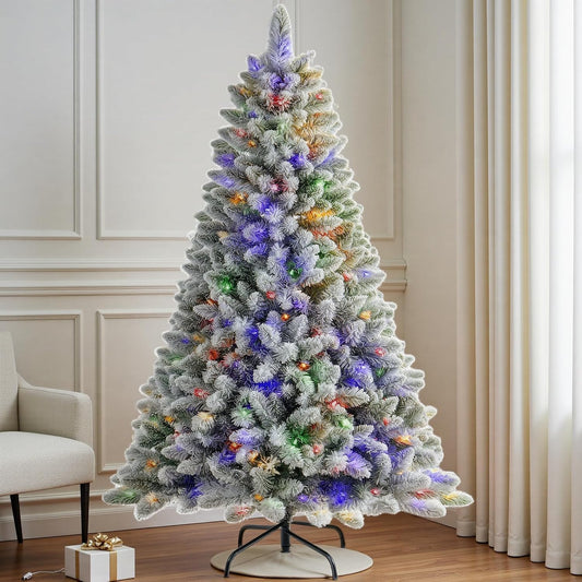 6 FT Pre-Lit Snow Flocked Christmas Tree, Artificial Christmas Tree with 250 Warm White & Color LED Changing Lights, 600 PVC Branch Tips, Easy Assembly/Metal Stand/Hinged/8 Color Modes
