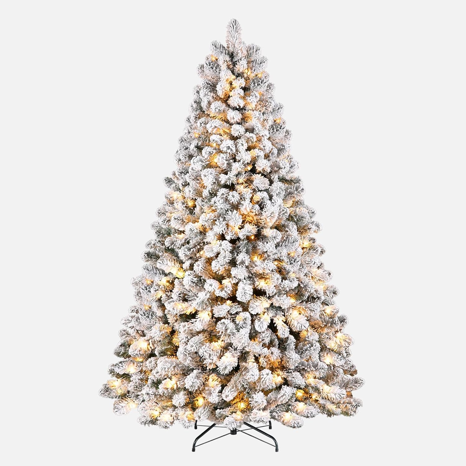 7.5Ft Prelit Snow Flocked Spruce Artificial Christmas Tree with 350 Incandescent Warm White Lights, Foldable Stand, Snow Flocked Full Prelighted Xmas Tree W/1170 Branch Tips, 7.5 FT, White