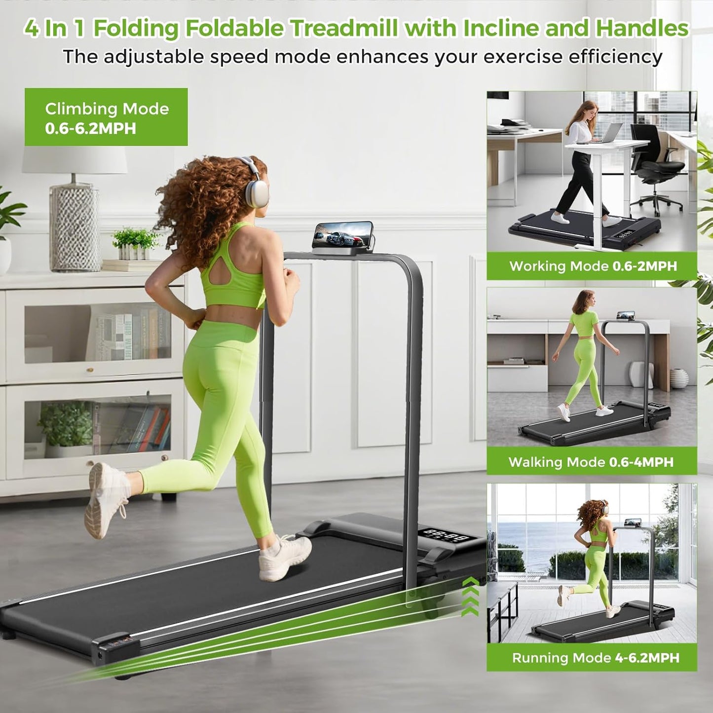 Walking Pad with Incline and Handle Bar, 3.0HP Portable Electric Compact Walking Pads Treadmills with Handles for Home Small Spaces, Small Treadmill with Incline, 320 Lbs Capacity, 0.6-6.2MPH