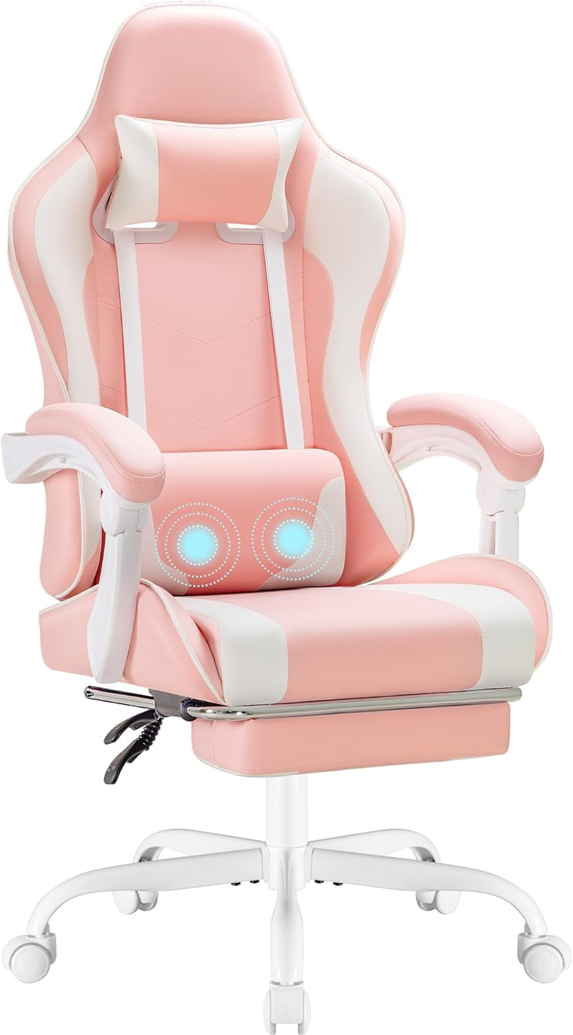 Gaming Chair, Video Game Chair with Footrest and Massage Lumbar Support, Ergonomic Computer Chair Height Adjustable with Swivel Seat and Headrest (White)