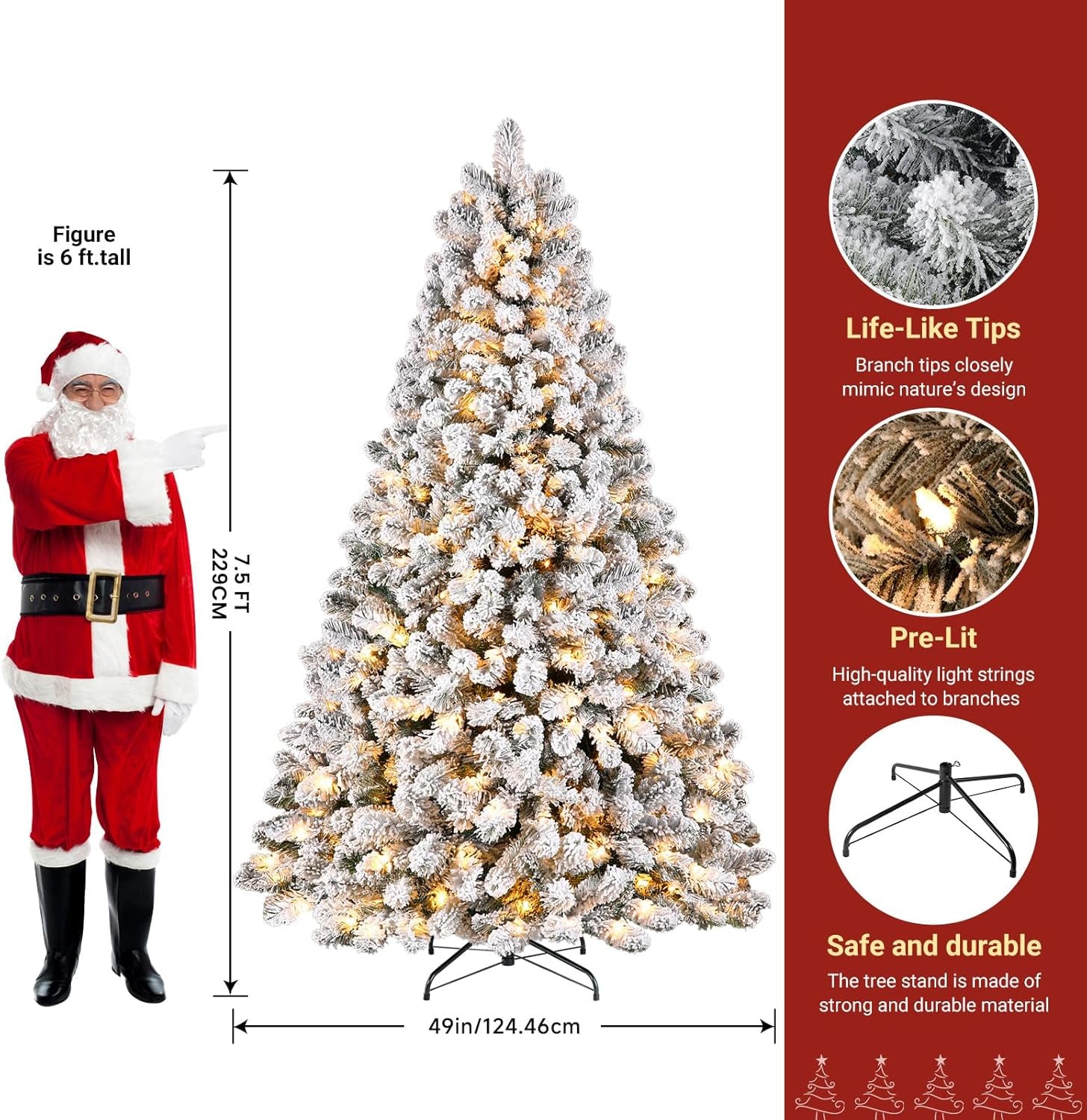 7.5Ft Prelit Snow Flocked Spruce Artificial Christmas Tree with 350 Incandescent Warm White Lights, Foldable Stand, Snow Flocked Full Prelighted Xmas Tree W/1170 Branch Tips, 7.5 FT, White