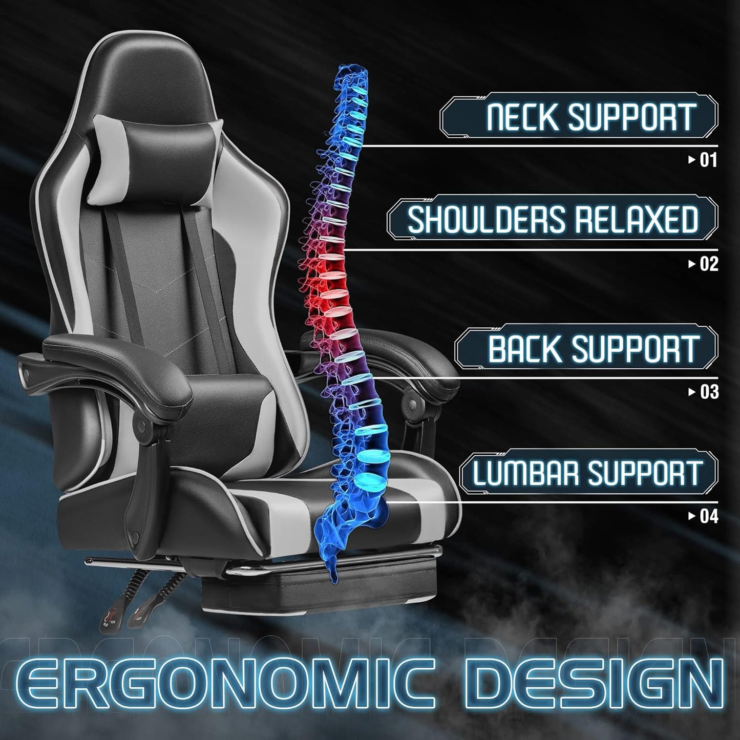 Gaming Chair, Video Game Chair with Footrest and Massage Lumbar Support, Ergonomic Computer Chair Height Adjustable with Swivel Seat and Headrest (White)