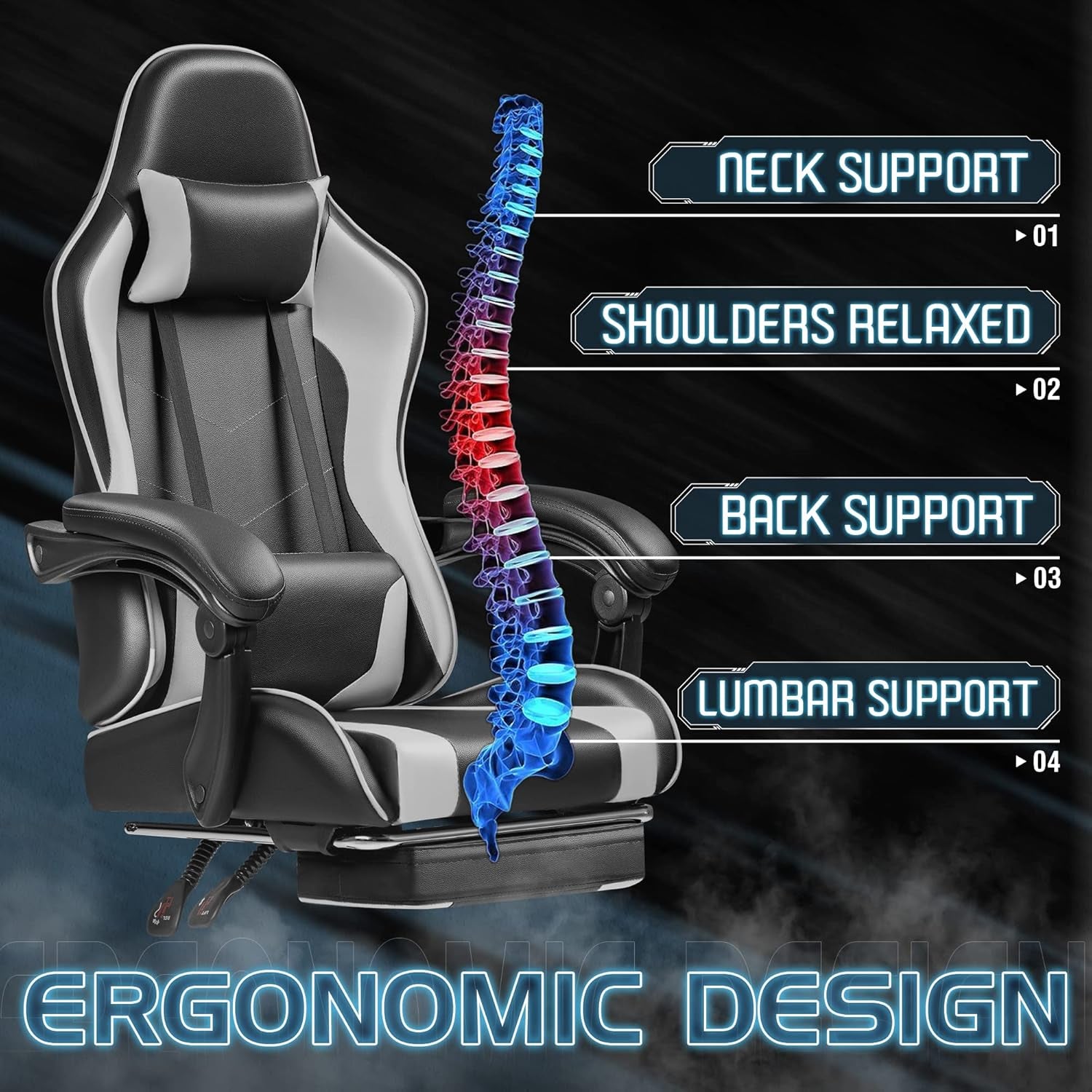 Gaming Chair, Video Game Chair with Footrest and Massage Lumbar Support, Ergonomic Computer Chair Height Adjustable with Swivel Seat and Headrest (White)